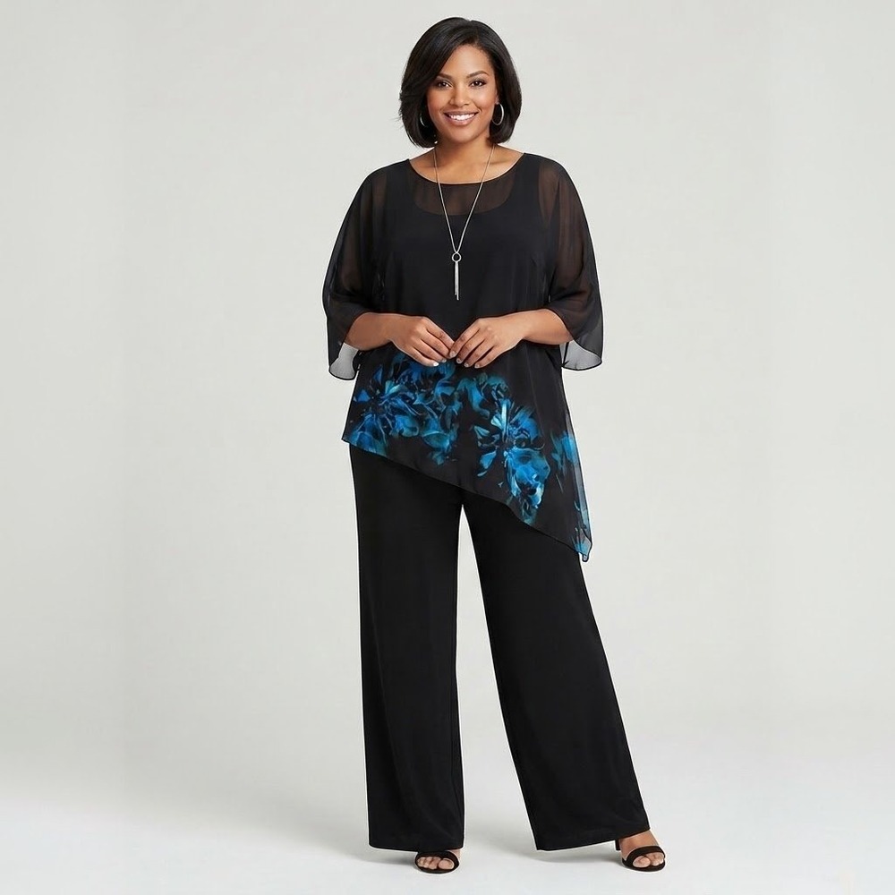 Laura Plus Tunic Blouse Womens OS Black Blue Sheer Asymmetric Flowy‎ Feminine
